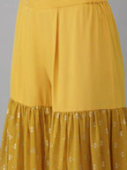 Ahalyaa Mustard Georgette Gold Foil Print Peplum Kurta Sharara Set With Dupatta - Distacart