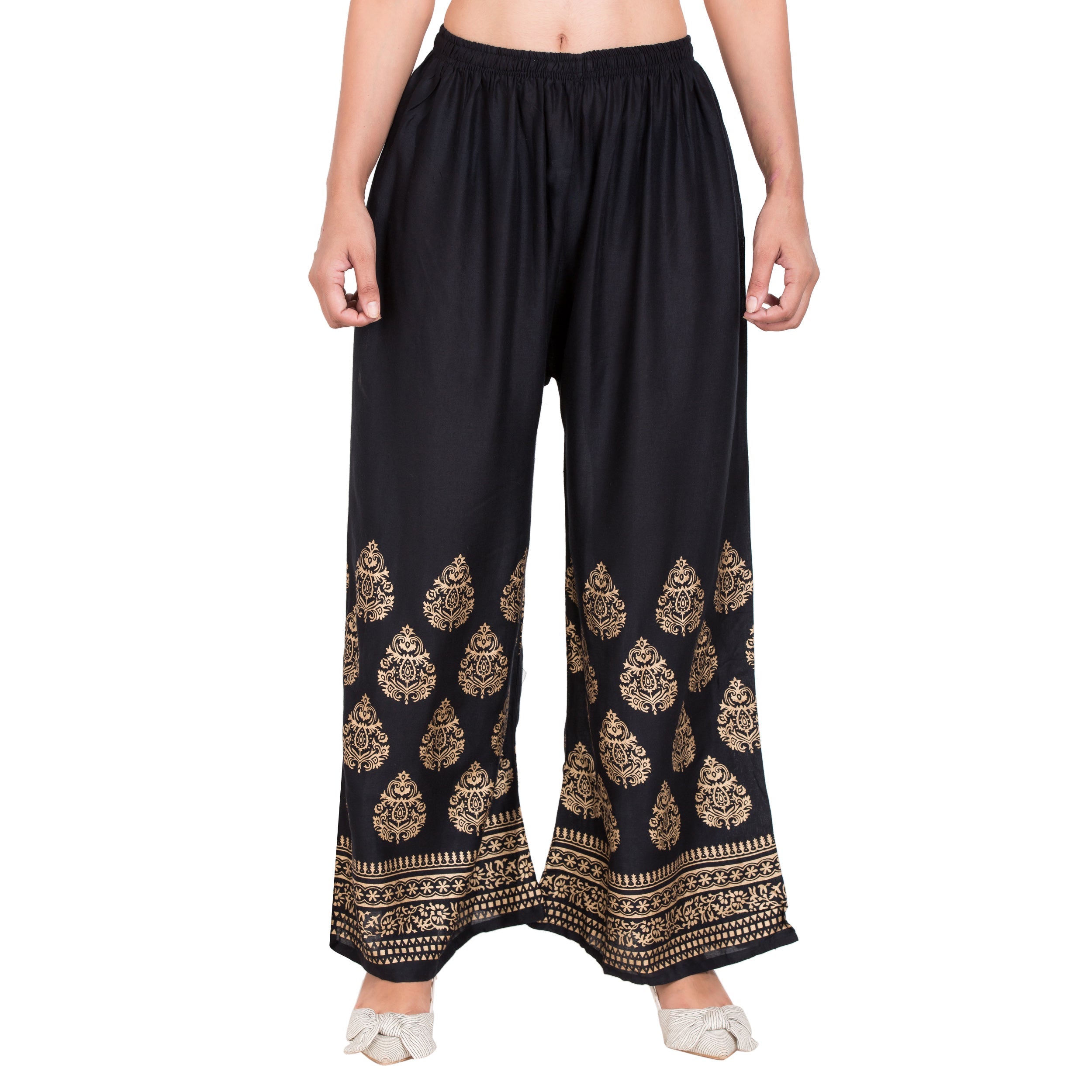 PAVONINE Black Color Golden Printed Rayon Fabric Sharara For Women - Distacart