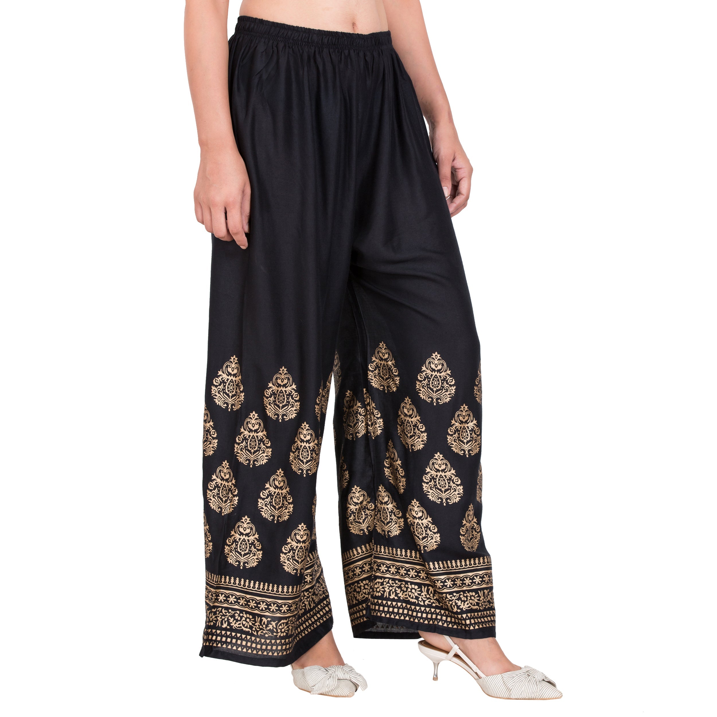 PAVONINE Black Color Golden Printed Rayon Fabric Sharara For Women - Distacart