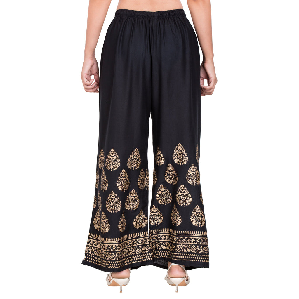 PAVONINE Black Color Golden Printed Rayon Fabric Sharara For Women - Distacart