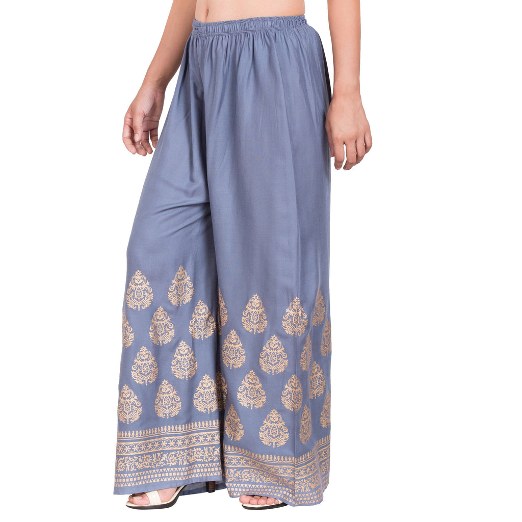 PAVONINE Grey Color Golden Printed Rayon Fabric Sharara For Women - Distacart