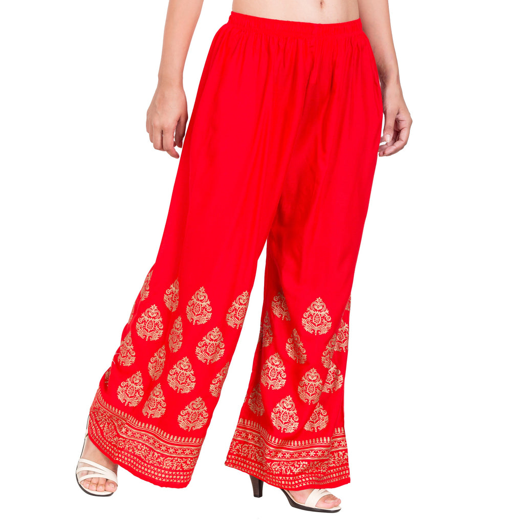 PAVONINE Red Color Golden Printed Rayon Fabric Sharara For Women - Distacart