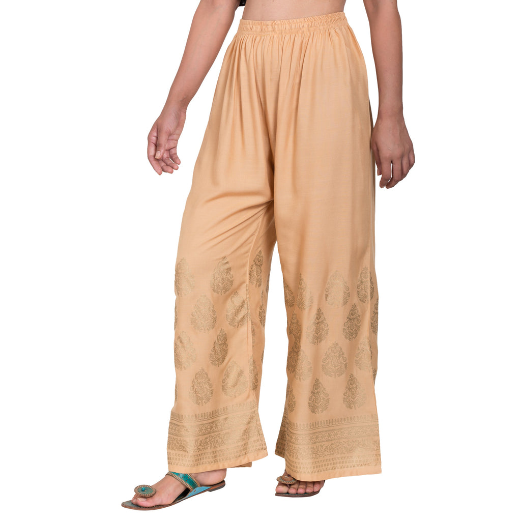 PAVONINE Beige Color Golden Printed Rayon Fabric Sharara For Women - Distacart