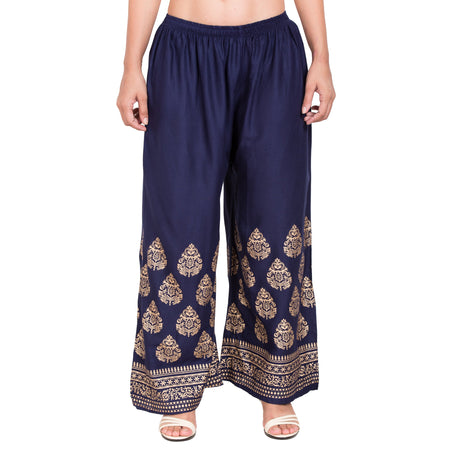 PAVONINE Navy Blue Color Golden Printed Rayon Fabric Sharara For Women