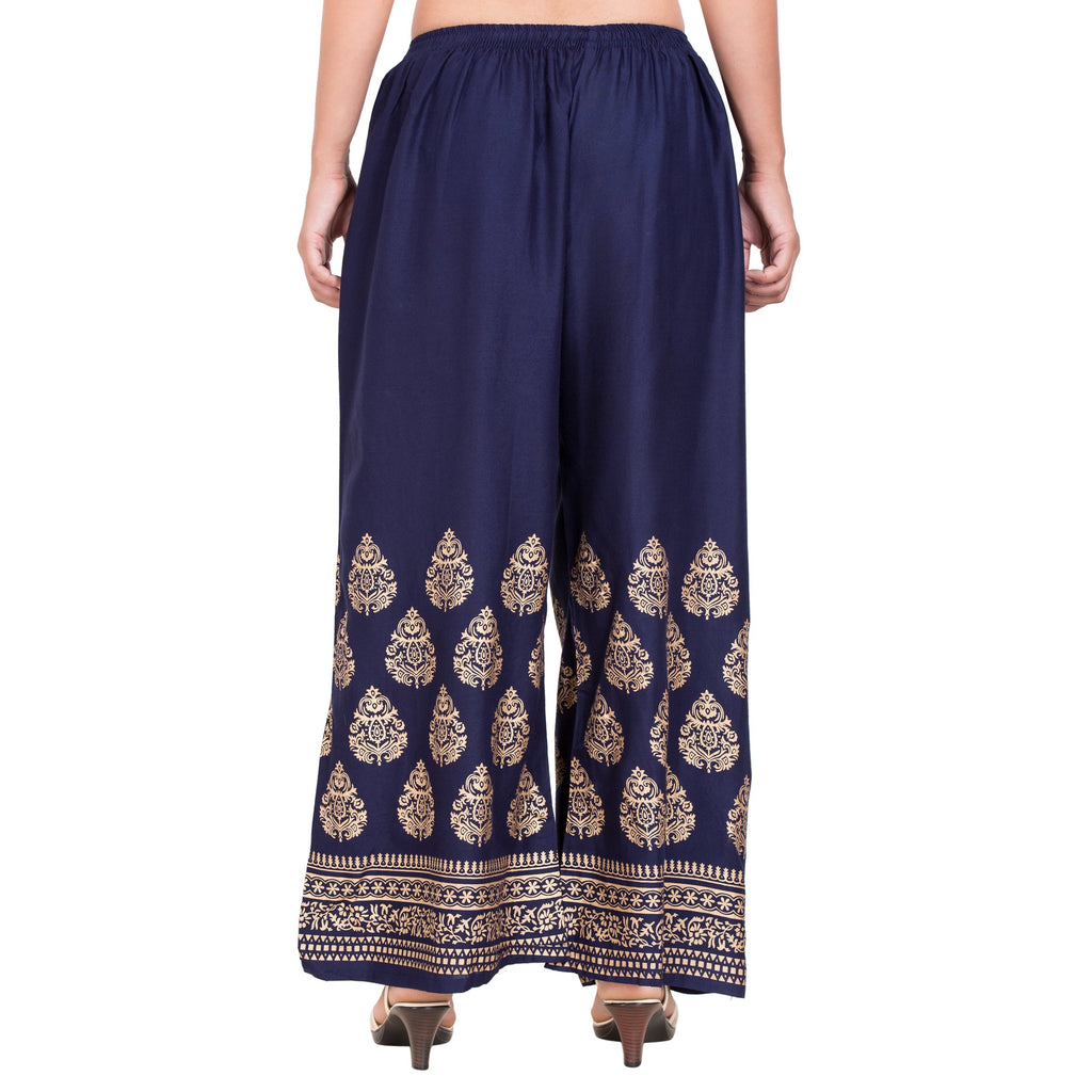 PAVONINE Navy Blue Color Golden Printed Rayon Fabric Sharara For Women - Distacart