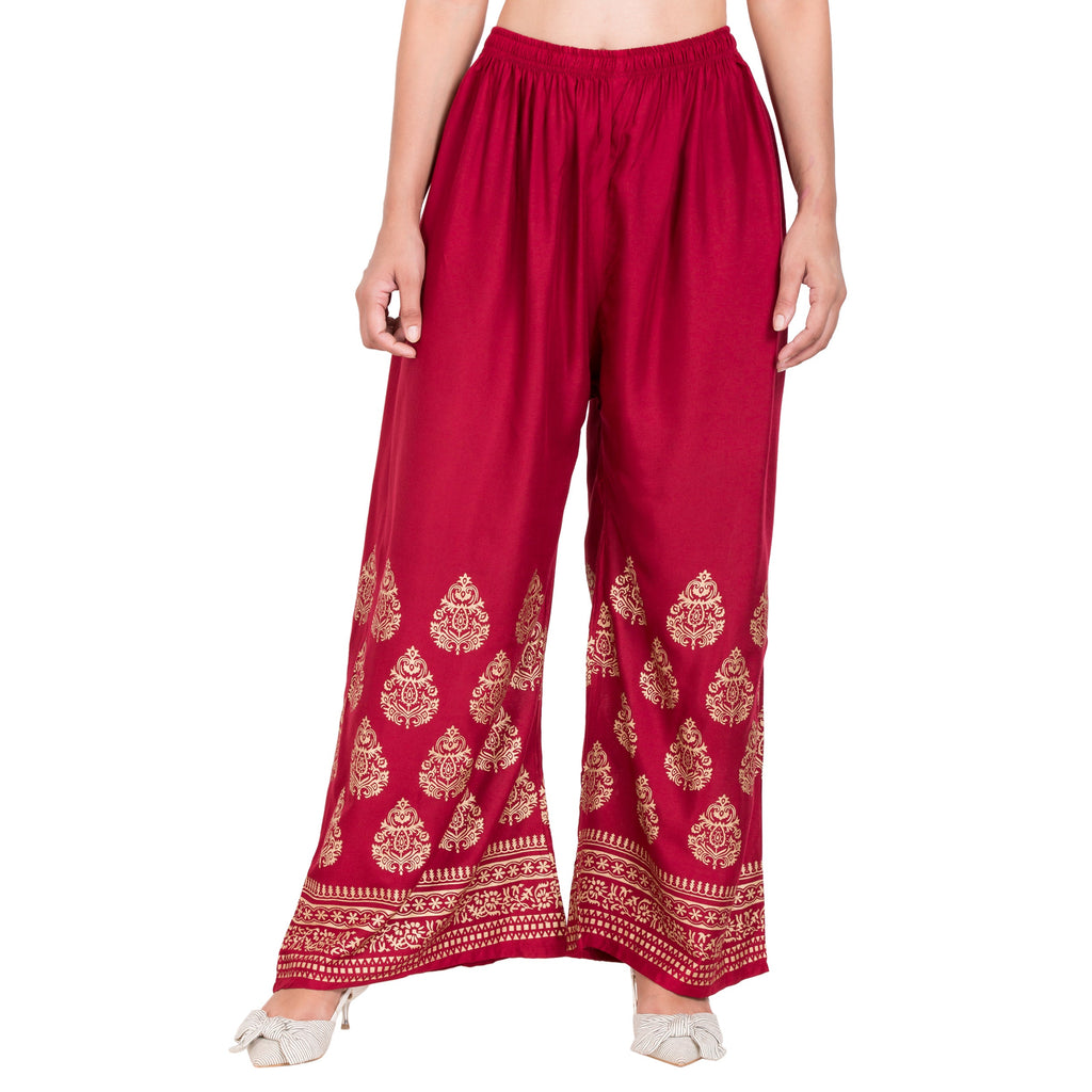 PAVONINE Maroon Color Golden Printed Rayon Fabric Sharara For Women - Distacart