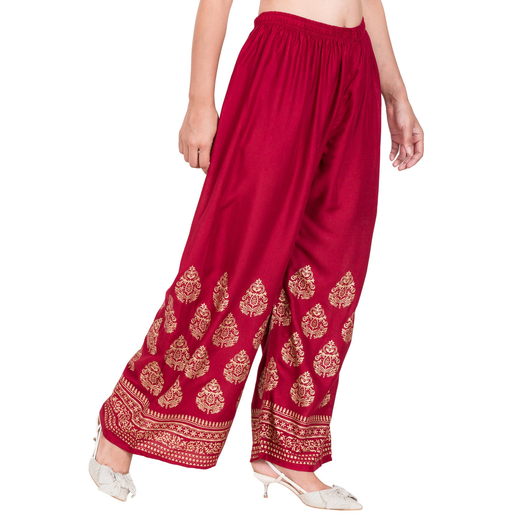 PAVONINE Maroon Color Golden Printed Rayon Fabric Sharara For Women - Distacart