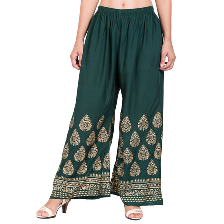 PAVONINE Bottle Green Color Golden Printed Rayon Fabric Sharara For Women