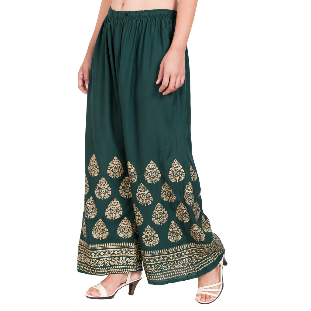 PAVONINE Bottle Green Color Golden Printed Rayon Fabric Sharara For Women - Distacart