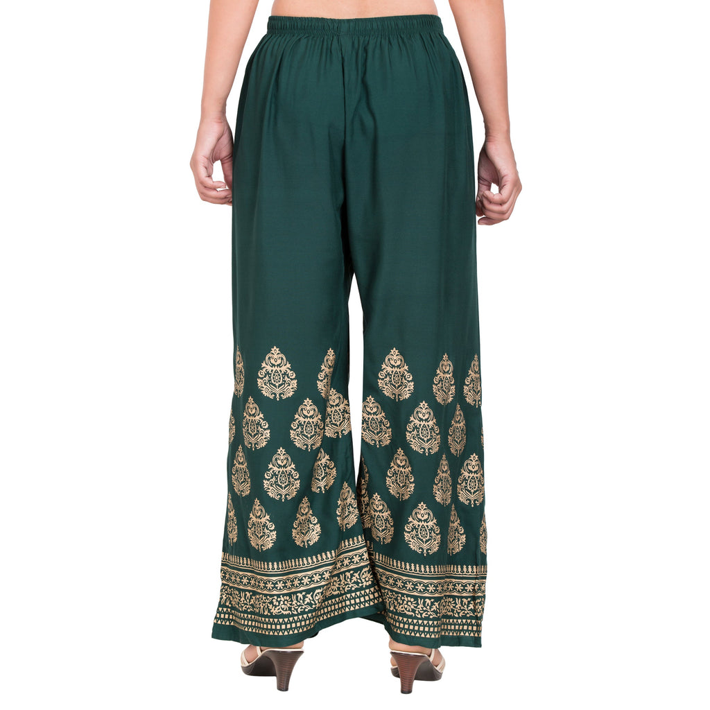 PAVONINE Bottle Green Color Golden Printed Rayon Fabric Sharara For Women - Distacart