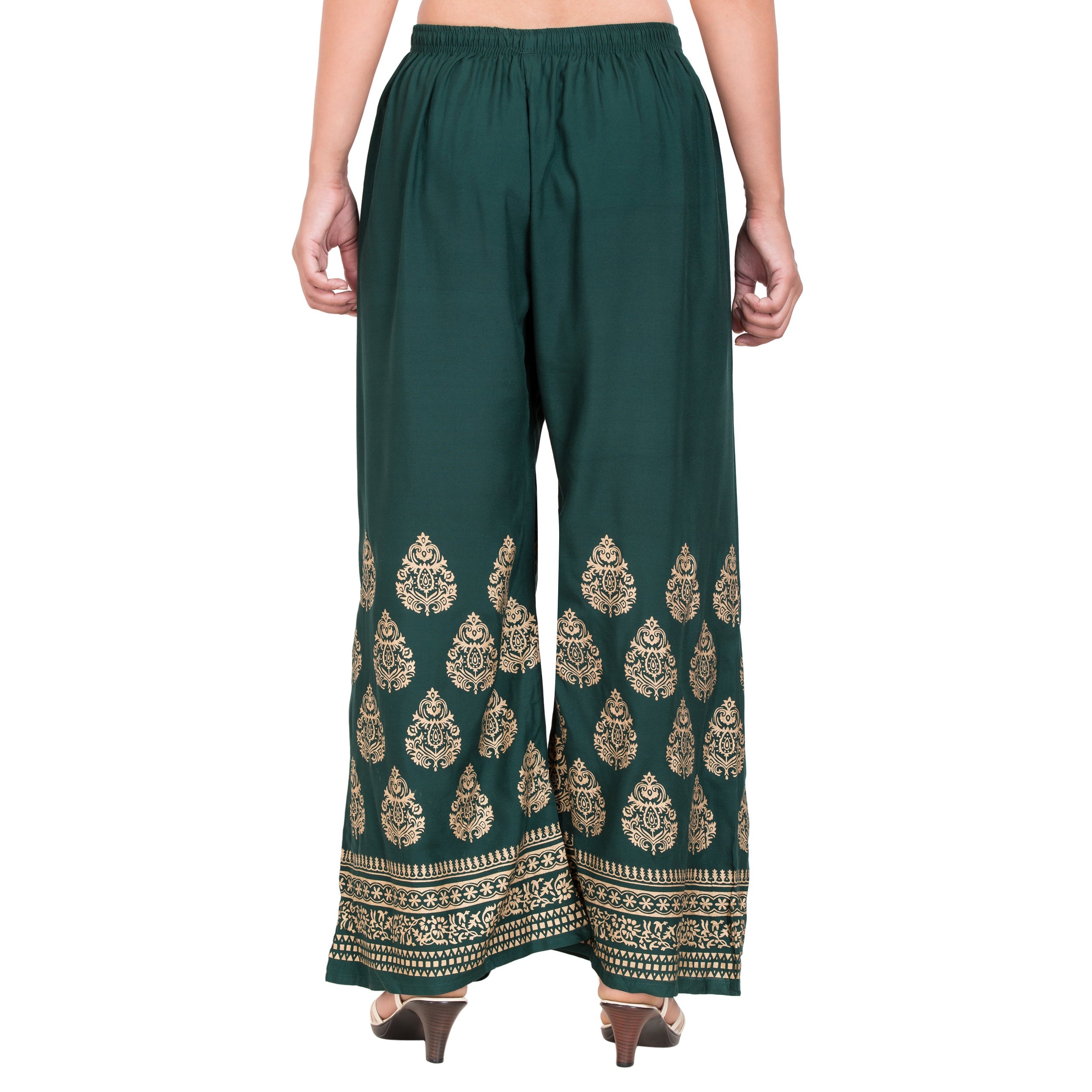 PAVONINE Bottle Green Color Golden Printed Rayon Fabric Sharara For Women - Distacart