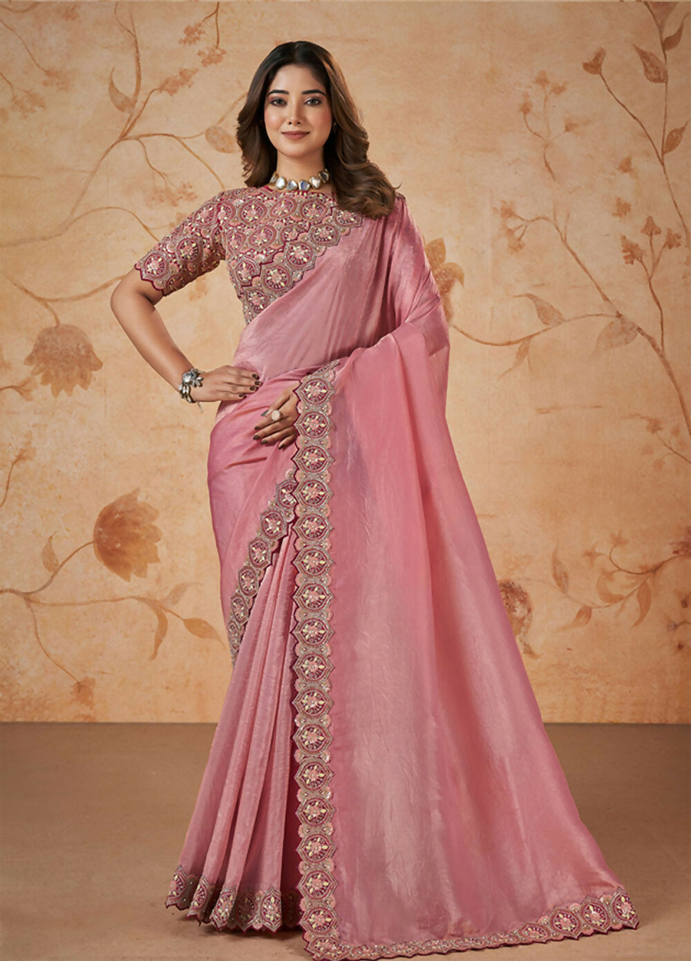 Pink Banarasi Crush Silk Thread, Sequence, Cord and jari Embroidered with Stone Work Saree - Mohmanthan Dakshika