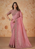 Pink Banarasi Crush Silk Thread, Sequence, Cord and jari Embroidered with Stone Work Saree - Mohmanthan Dakshika