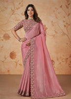 Pink Banarasi Crush Silk Thread, Sequence, Cord and jari Embroidered with Stone Work Saree - Mohmanthan Dakshika