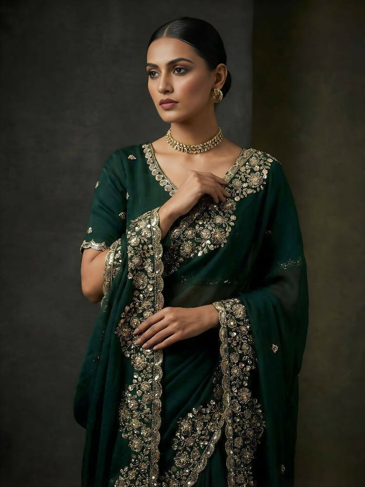Joban Fashion Green Fandy Satin Silk Party Wear Sarees - Distacart