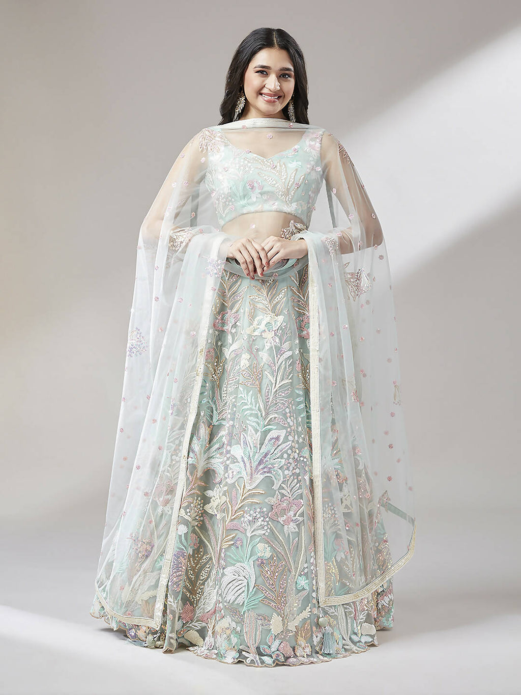 House of Panchhi Lime Green Net Sequinse Work Lehenga & Blouse with Dupatta