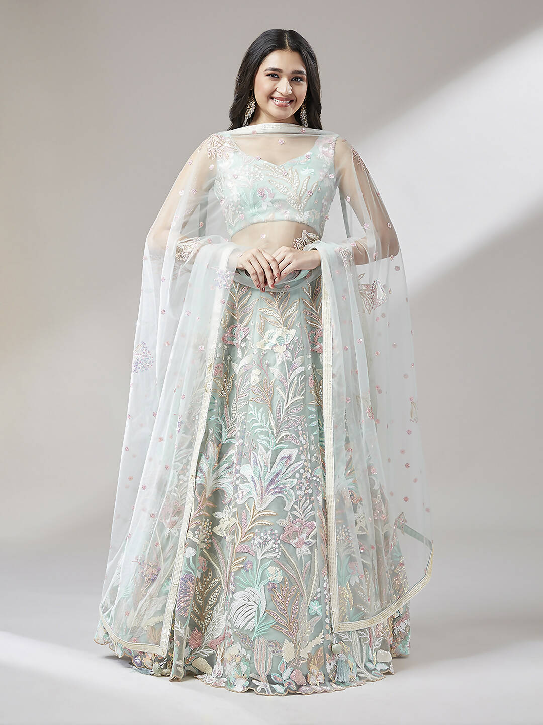 House of Panchhi Lime Green Net Sequinse Work Lehenga & Blouse with Dupatta