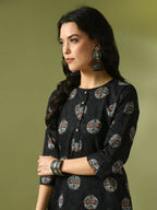 Myshka Women's Black Printed Cotton Round Neck Party Tunic With Trousers Co-ord set