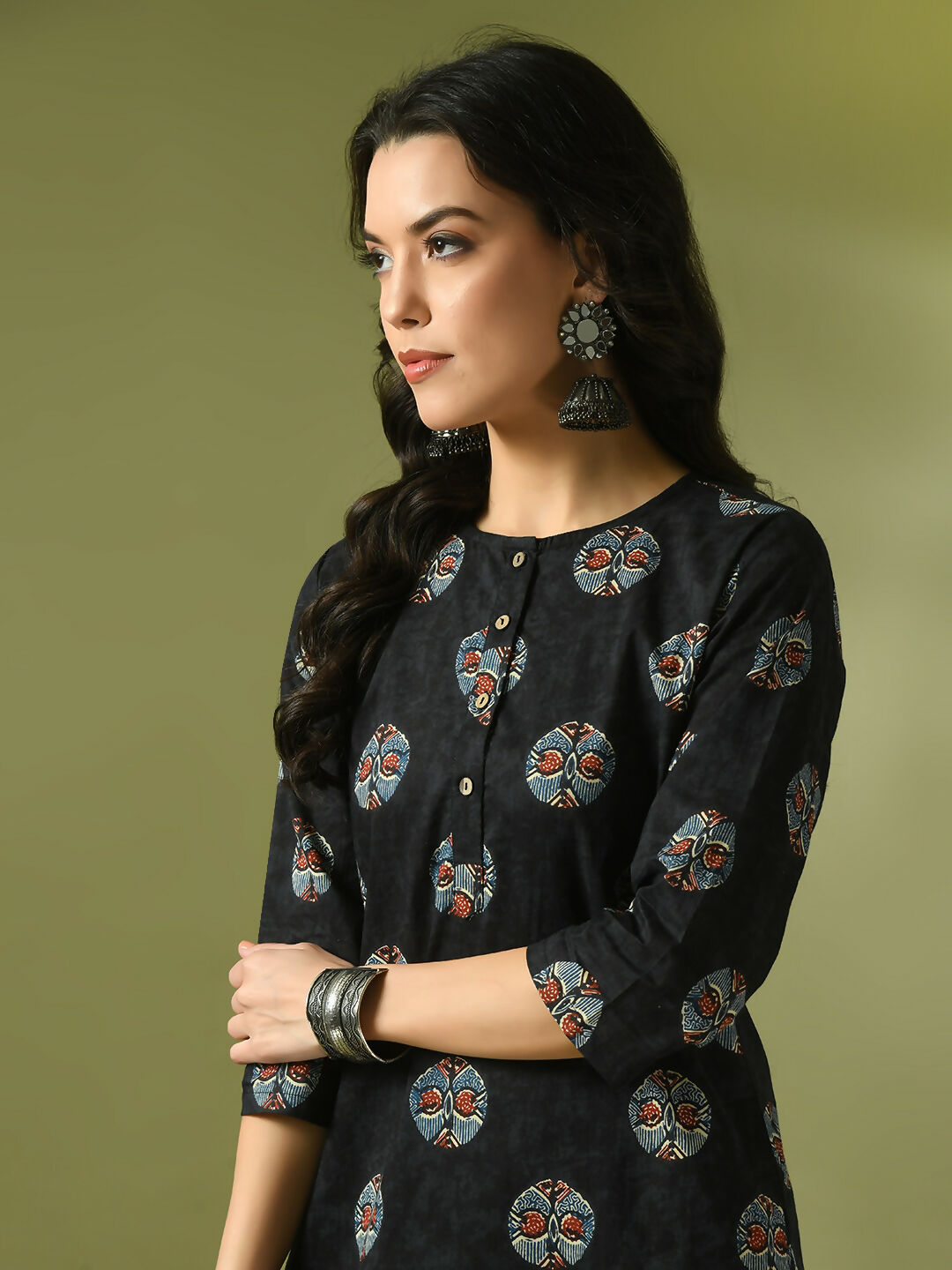 Myshka Women's Black Printed Cotton Round Neck Party Tunic With Trousers Co-ord set