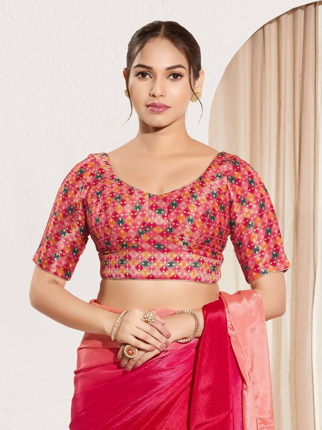 Joban Fashion Pink Jacquard Padded Blouse With Round Neck Elbow Sleeves - Distacart