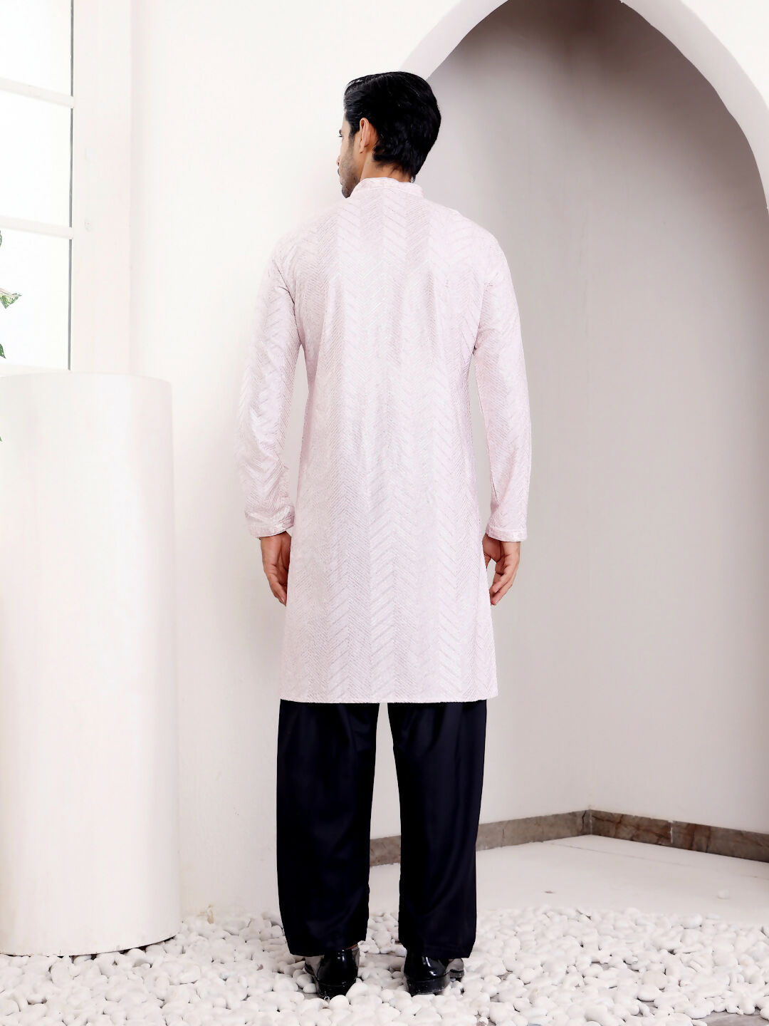 Light Pink Georgette Designer Chikankari Embroidery Work Men's Kurta - Mahotsav