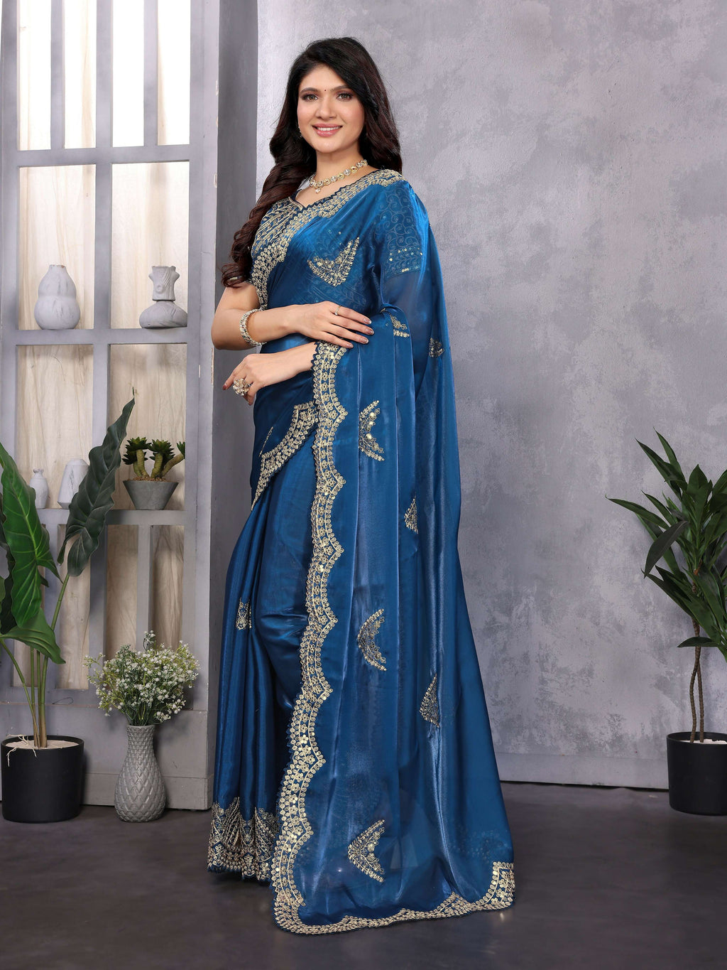 Vastranavya Blue Embroidery Work Shimmer Chiffon Saree with Unstitched Blouse - Distacart