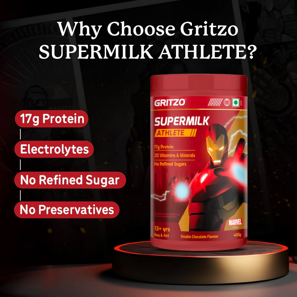 Gritzo SuperMilk Athlete Iron Man (13+y Boy & Girl), 17g Protein Powder (Double Chocolate)