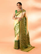 Joban Fashion Light Yellow & Parrot Green Plain With Weaving Border Banarasi Silk Sarees
