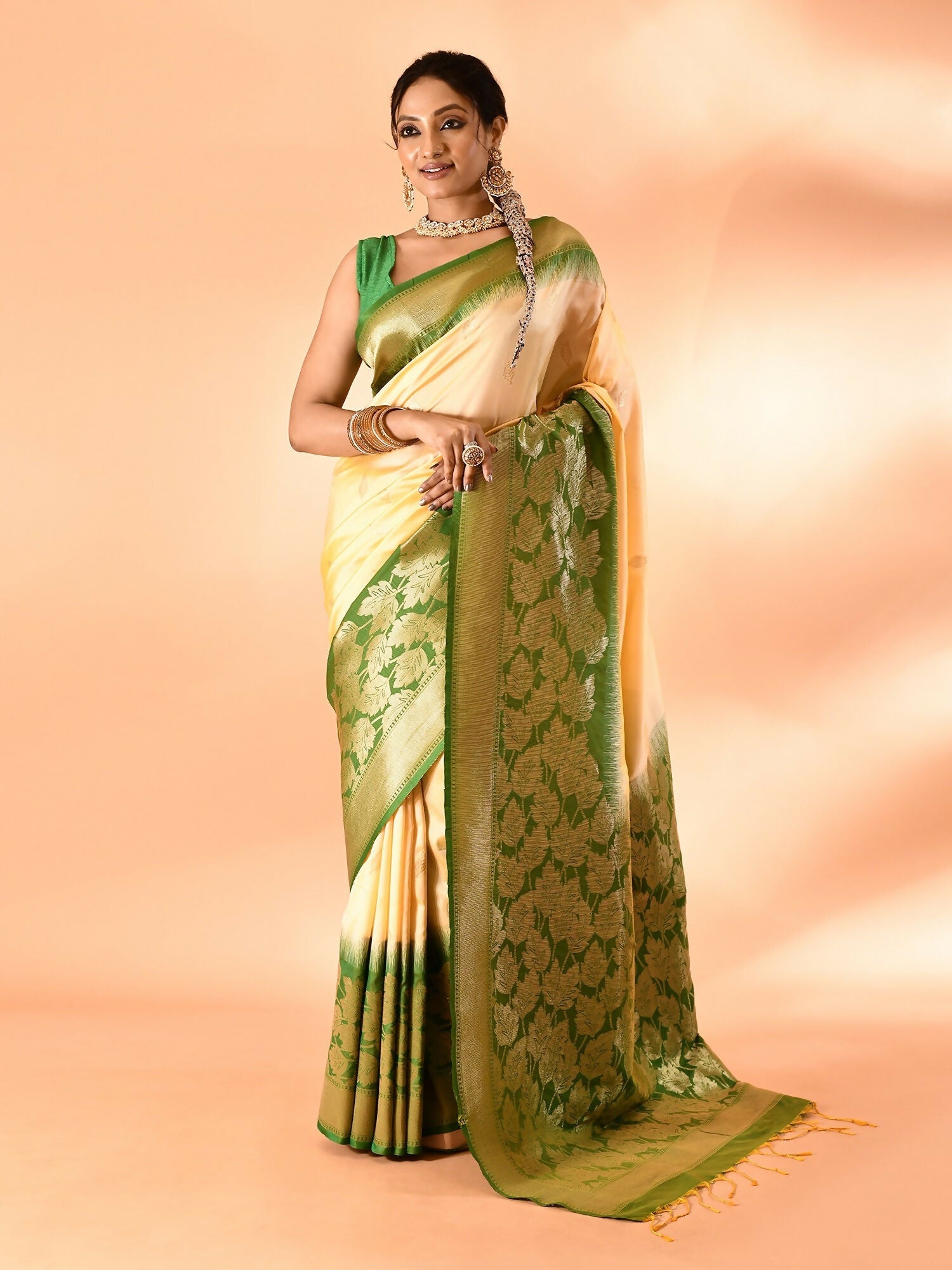 Joban Fashion Light Yellow & Parrot Green Plain With Weaving Border Banarasi Silk Sarees