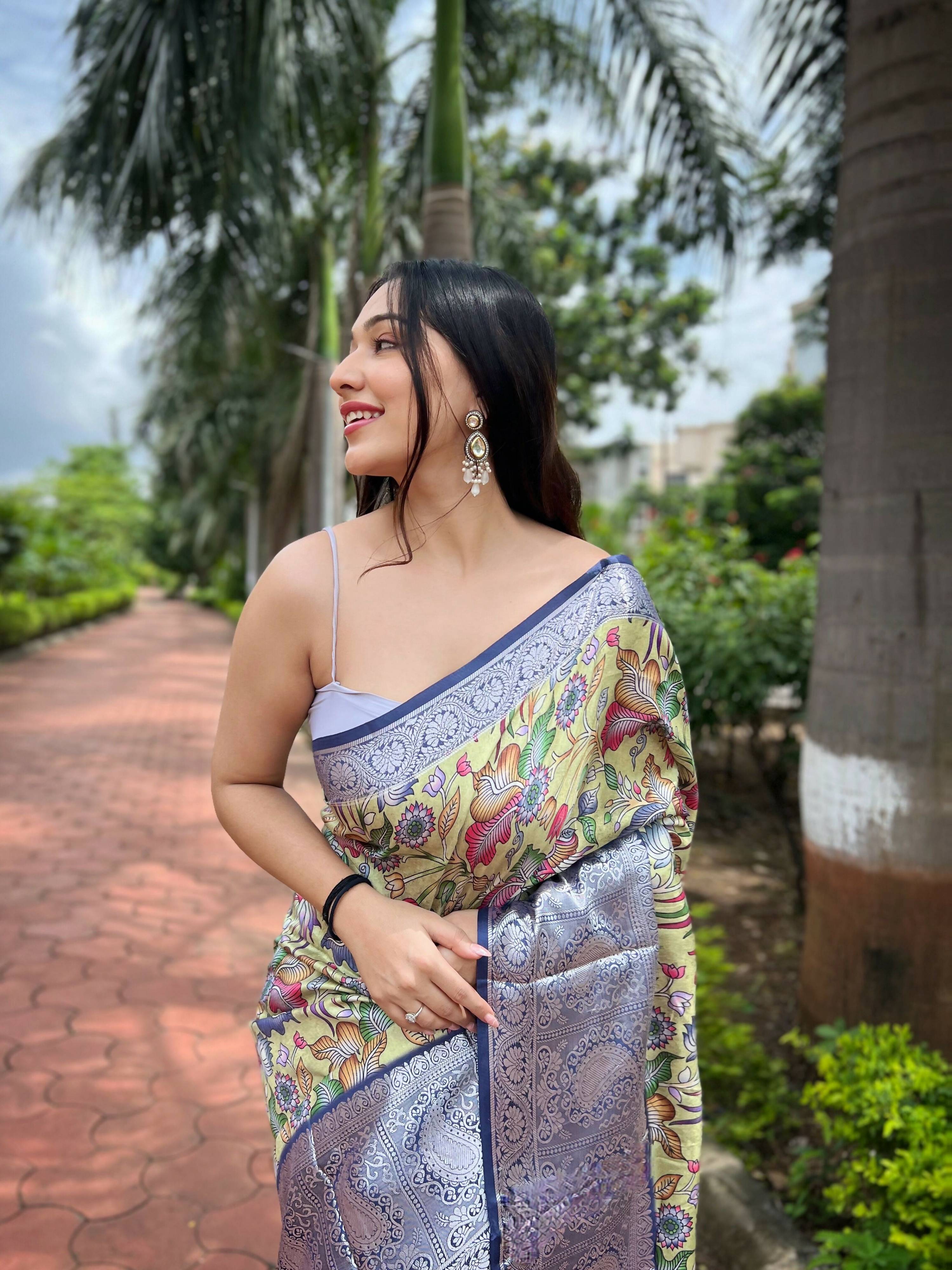 Vamsee Bhavi Navy Blue Tussar Dola Satin Silk Saree