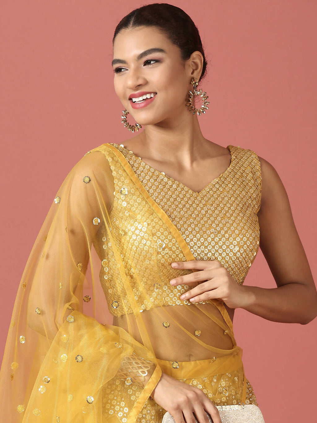 House of Panchhi Mustard Net Sequinse Work Lehenga & Blouse, Dupatta