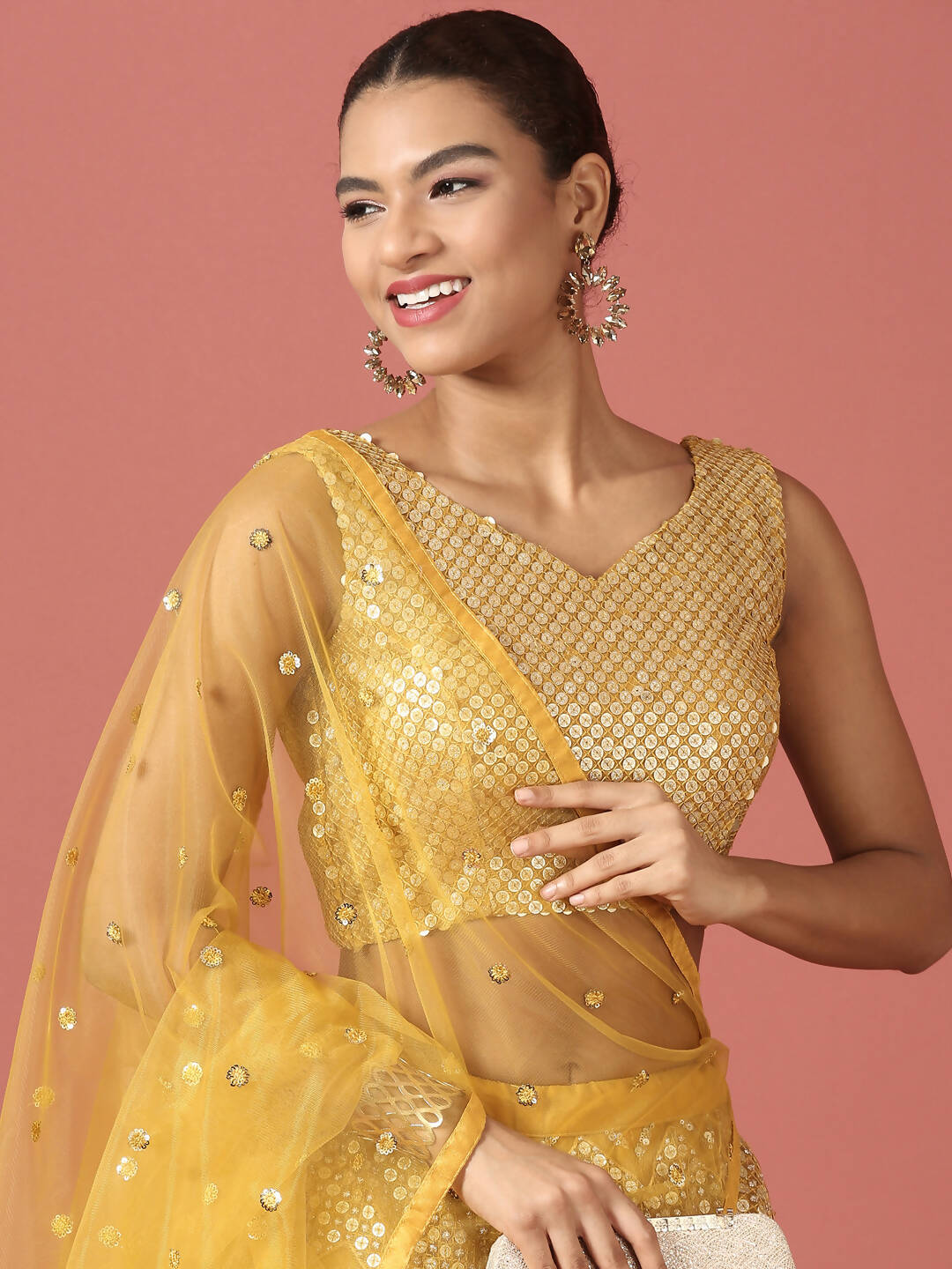 House of Panchhi Mustard Net Sequinse Work Lehenga & Blouse, Dupatta