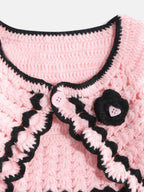 Chutput Kids Woollen Hand Knitted Full Sleeves Cardigan With Short Sleeves Flower Work Dress For Baby Girls - Pink