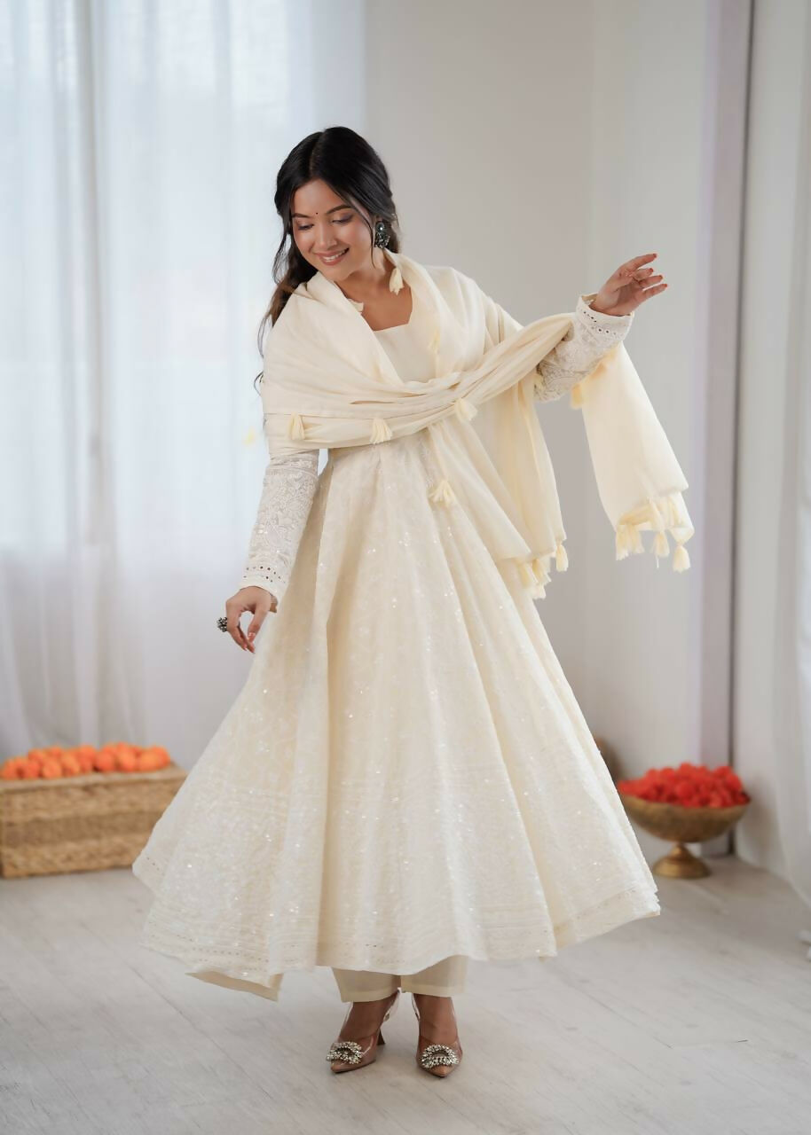 Teeya Creation Cream Kora Cotton Designer Embroidery Work long Gown - Distacart