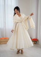Teeya Creation Cream Kora Cotton Designer Embroidery Work long Gown - Distacart