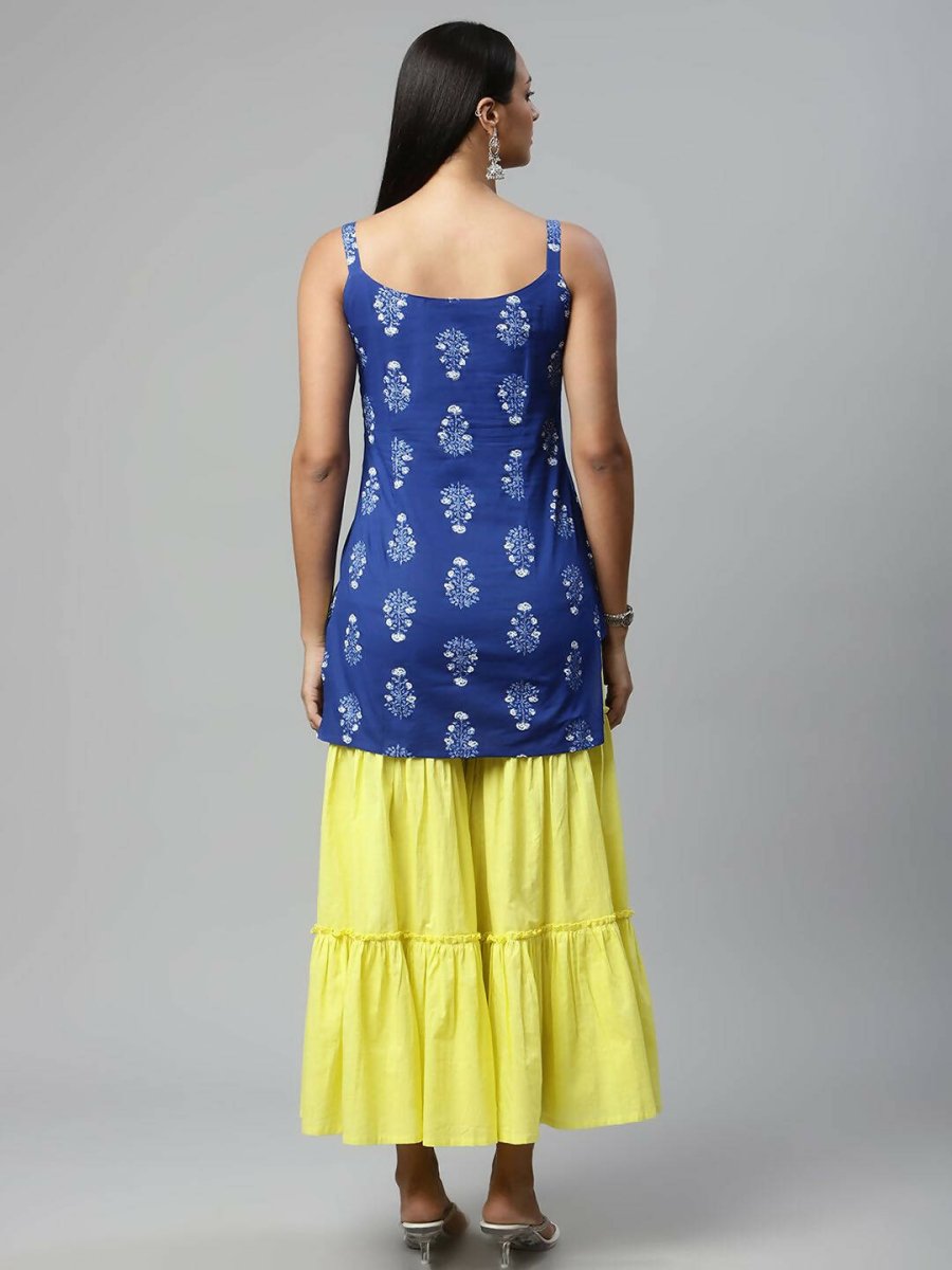Ahalyaa Womens Royal Blue Pure Cotton Printed Tunic Sharara Set - Distacart