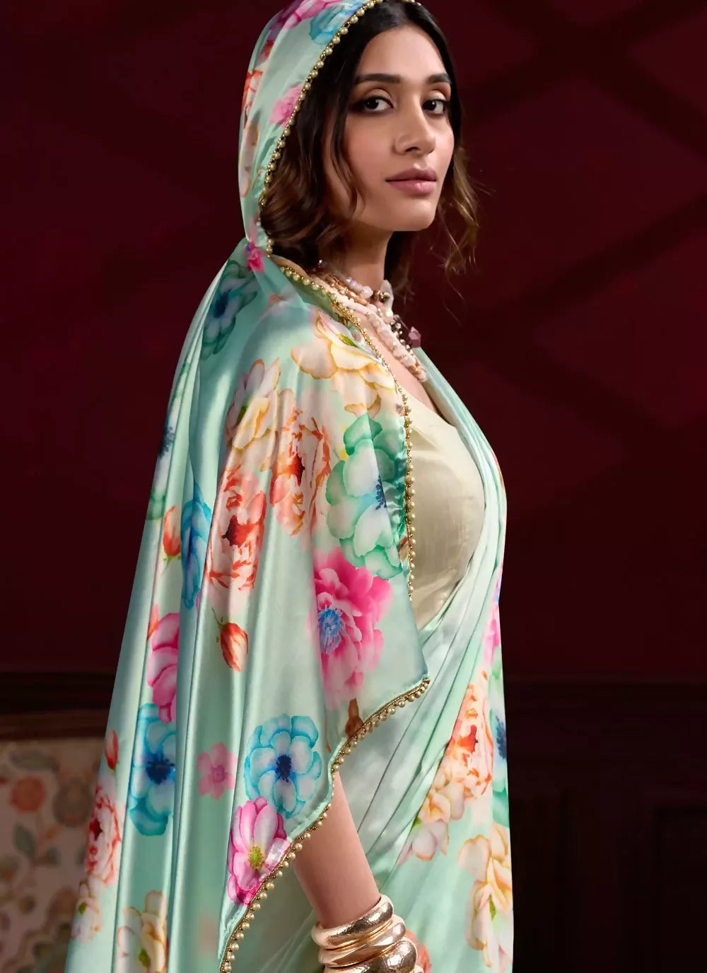 Vastranavya Pista Satin Silk Floral Printed with Pearl Lace Saree with Unstitched Blouse - Distacart