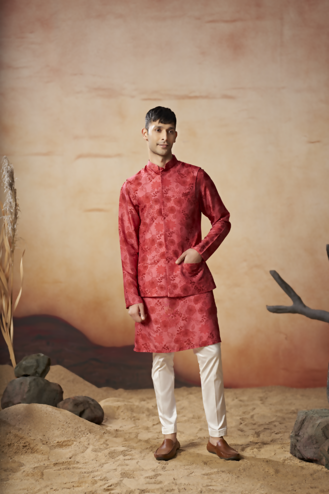 Floral Print Silk Nehru Jacket Set by Hilo Design