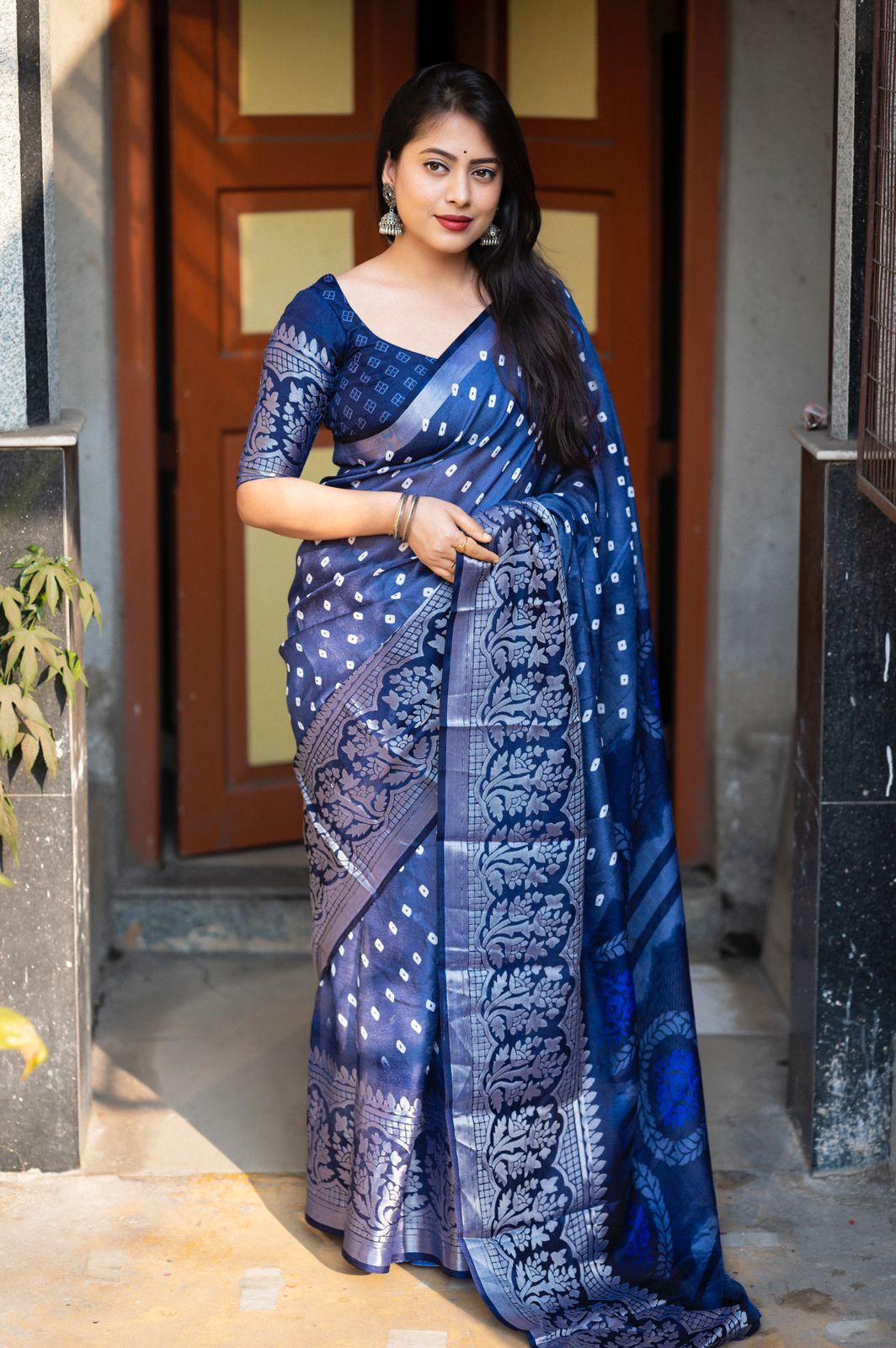 Lightblue Jute Silk Printed Saree with Unstitched Blouse - Hiral Fashion