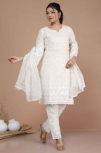 Miravan Women's Chikankari Cream Kurti Palazzo With Dupatta