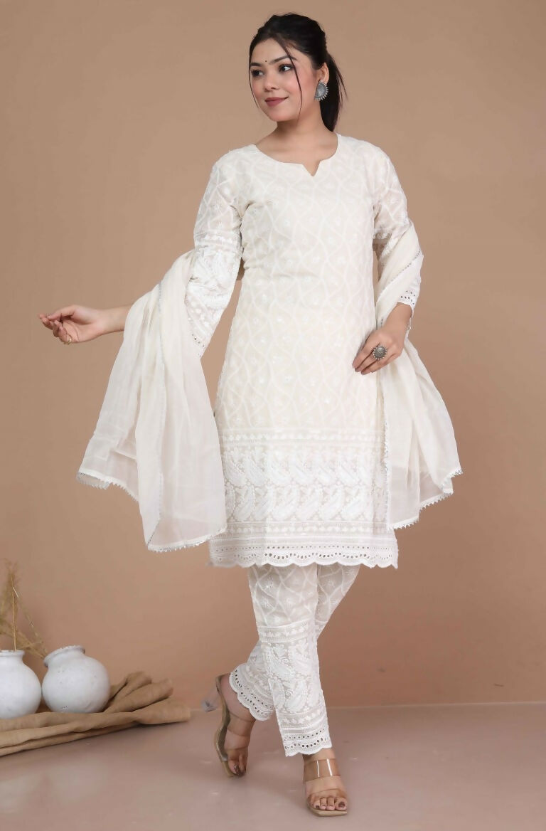 Miravan Women's Chikankari Cream Kurti Palazzo With Dupatta