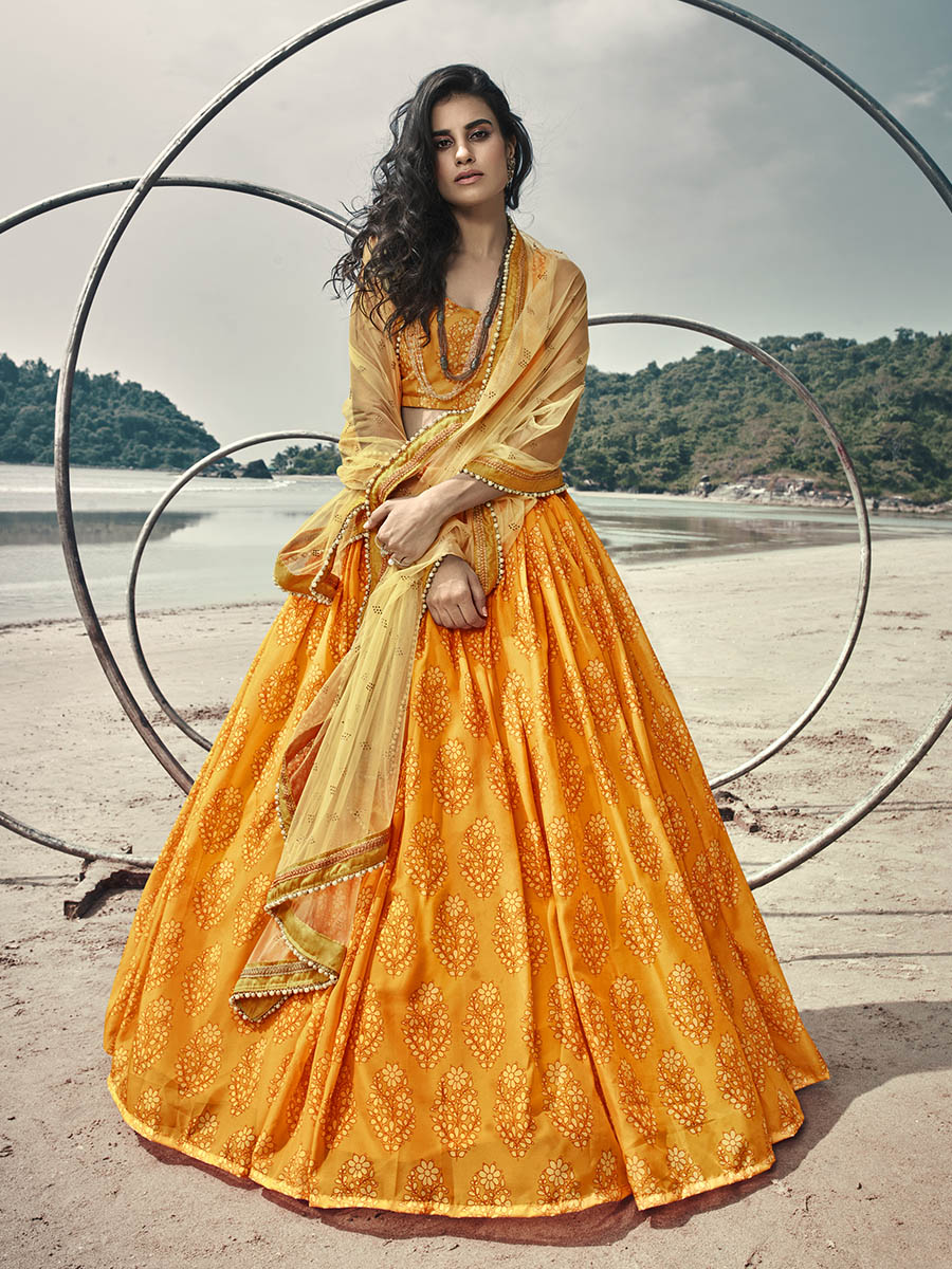 Myra Musturd Yellow Organza Printed Lehenga