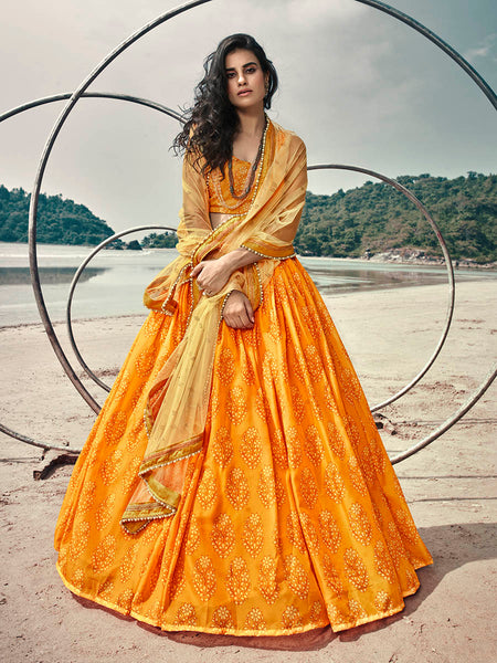 Myra Musturd Yellow Organza Printed Lehenga