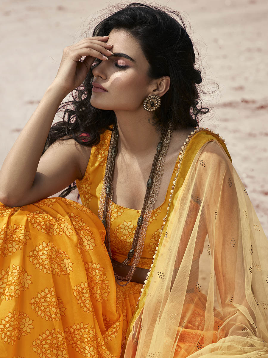 Myra Musturd Yellow Organza Printed Lehenga