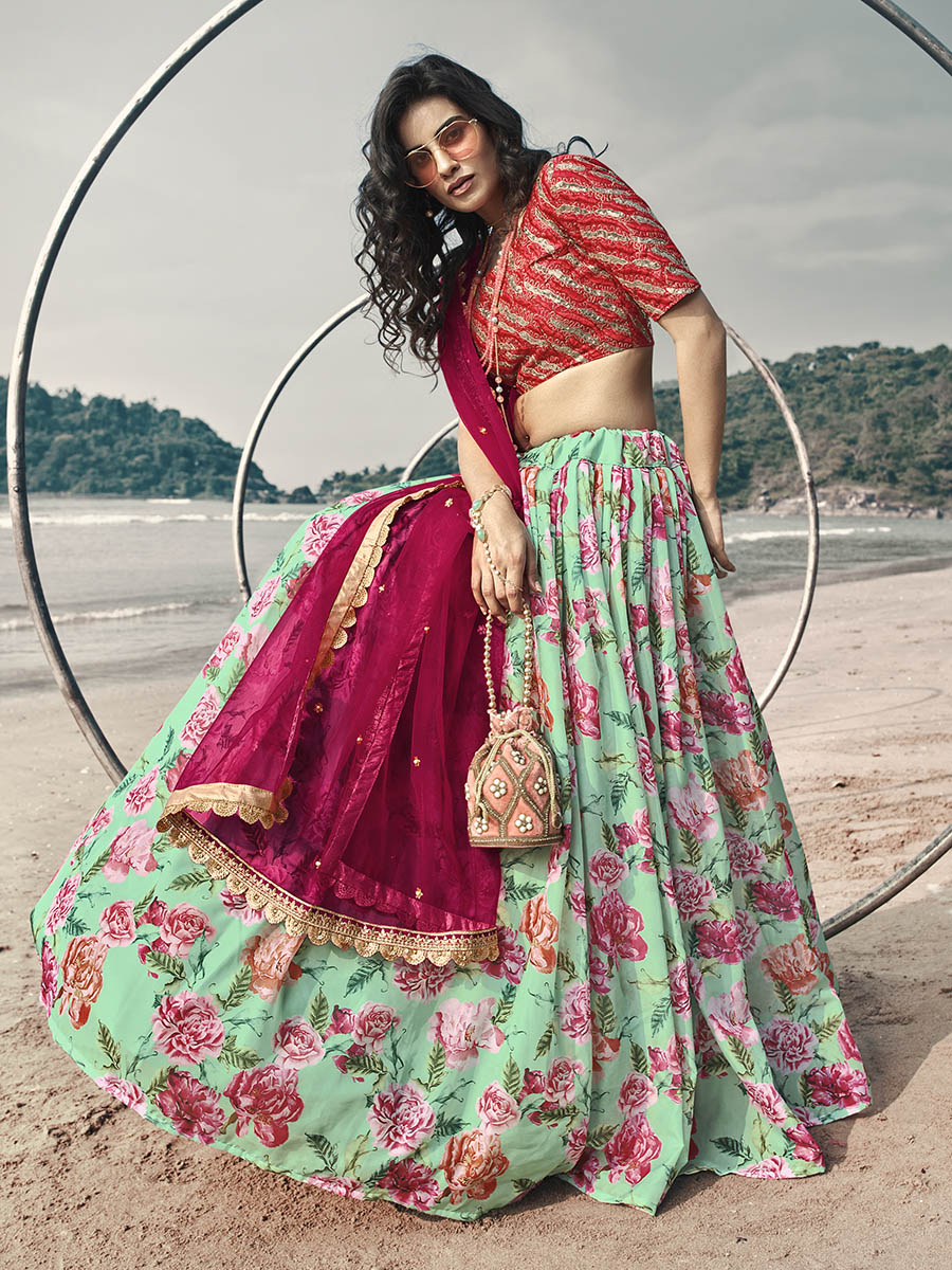 Myra Sky Blue Art Silk Printed & Embroidered Lehenga