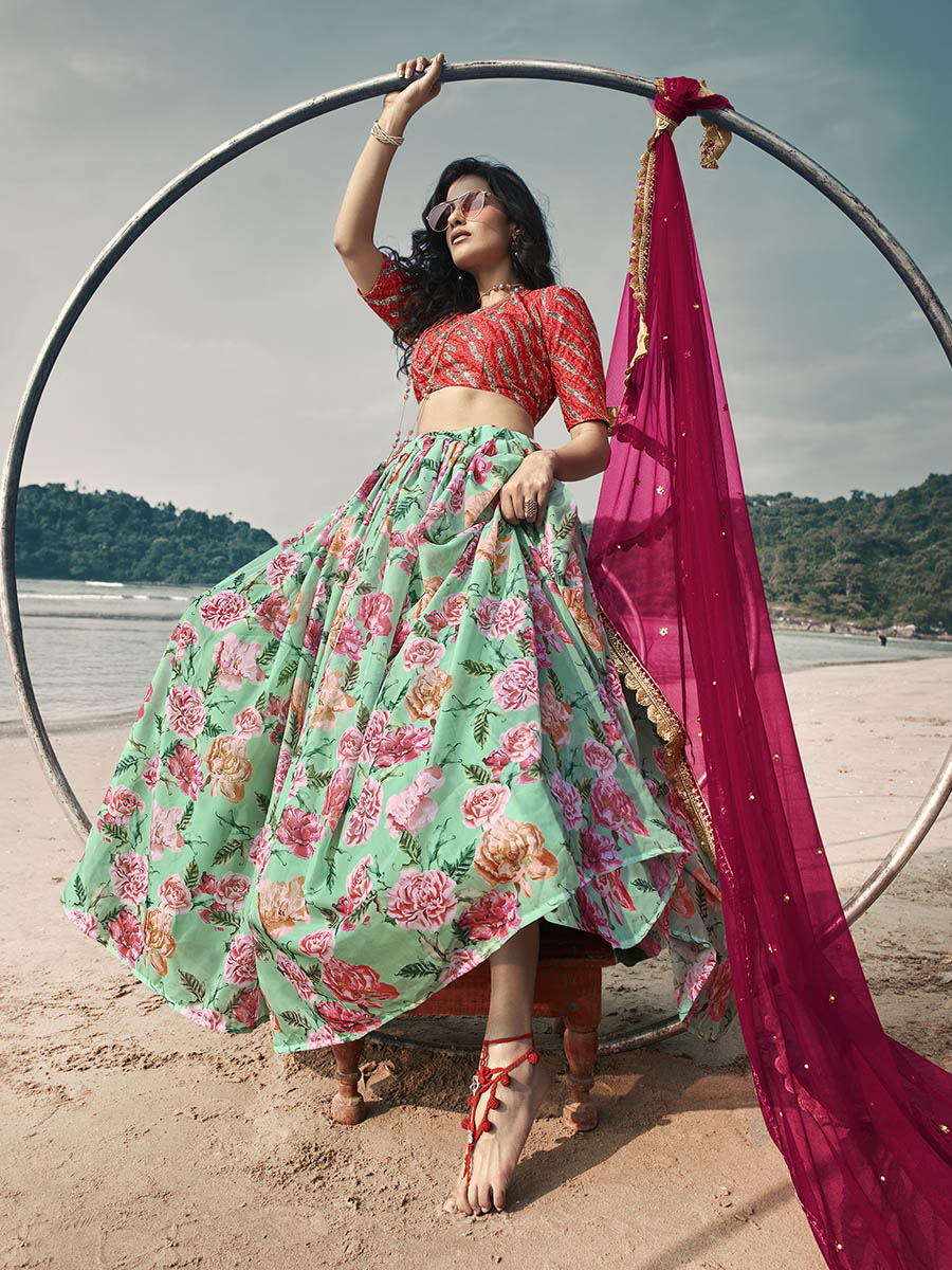 Myra Sky Blue Art Silk Printed & Embroidered Lehenga