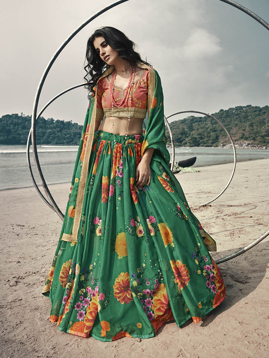 Myra Rama Green Organza Printed & Embroidered Lehenga