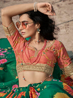 Myra Rama Green Organza Printed & Embroidered Lehenga