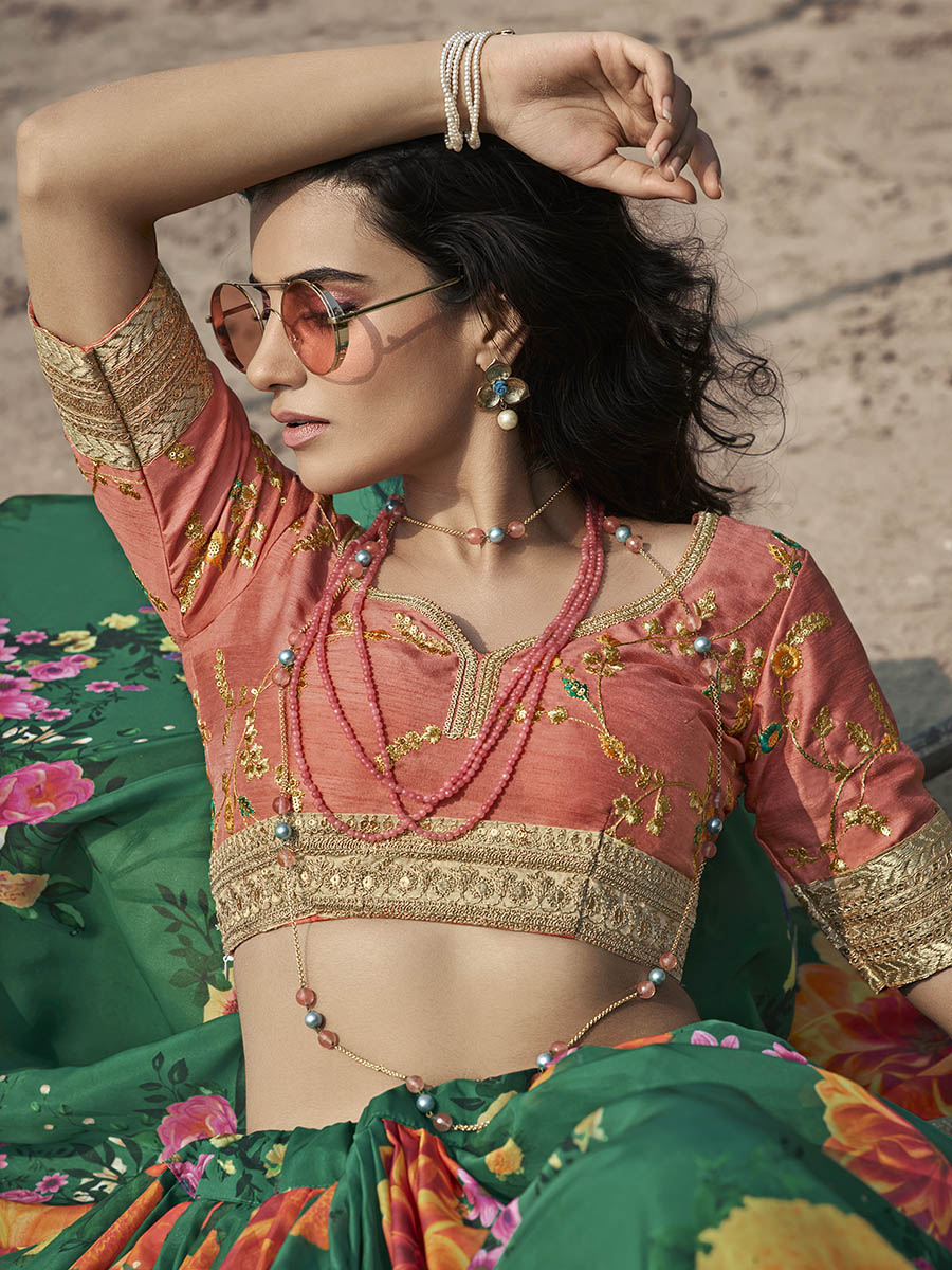 Myra Rama Green Organza Printed & Embroidered Lehenga