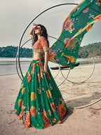 Myra Rama Green Organza Printed & Embroidered Lehenga